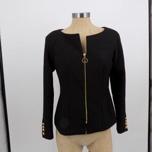 Luisa Spagnoli Women Solid Black Zip Casual Blazer Jacket Size 42 Designer Italy